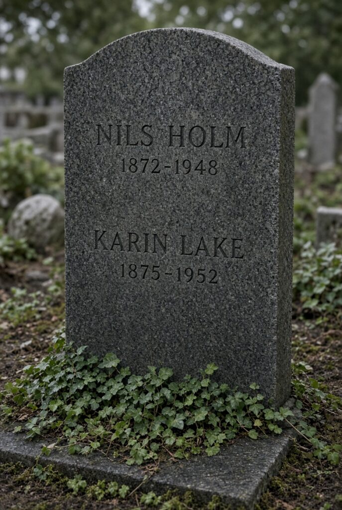 Fiktiv gravsten för Nils Holm och Karin Lake